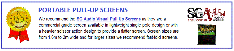 There are two main types of pull-up screens being the single-pole design and the scissor-action design. The single pole design (e.g. X series) are lightweight and cost-effective and less likely to be damaged than a tripod. The scissor-action design use a spring or gas-lift to push up the corners of the screen providing a flatter screen. These are generally more expensive, more rugged, heavier and suitable for frequent use. Some models (e.g. 600 series) incorporate handles and wheels. Consider the SG Audio Visual Pull Up Screens as they are commercial grade screens. This brand covers both screen types and most sizes and formats with local support, stock and warranty.  Many screens have bonuses included such as free screen bags or projector stands.  Look for the bonus icon!